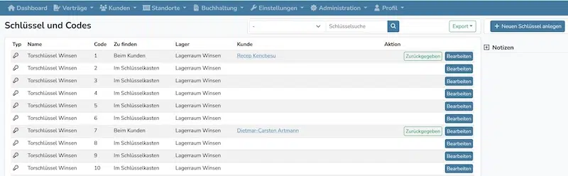 Software für Lagerraumverwaltung - Übersicht der Schlüssel und Codes