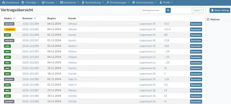 Software für Lagerraumverwaltung - Vertragsübersicht